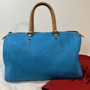 Carolina Herrera Monogram Embossed Blue Andy Boston Bag Leather Double Handle LG
